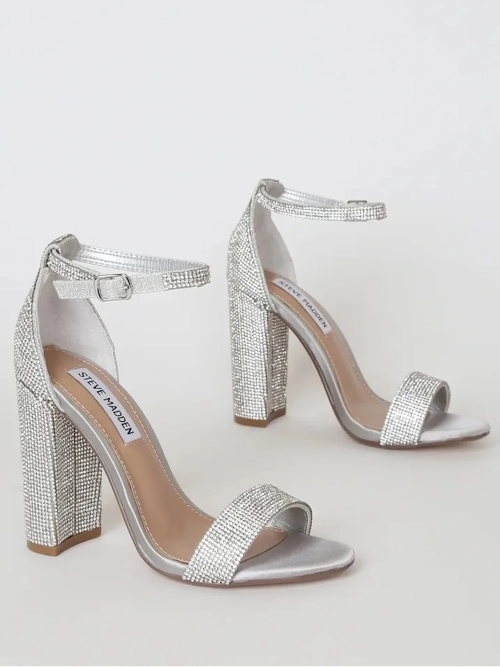 Steve Madden Silver Crystal Embellished Block Heel Sandals Size 7.5